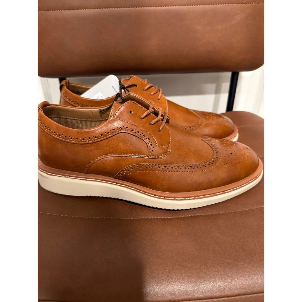 George Mens Wingtip Oxford Shoes Tan Brown Memory Foam Comfort Size 8.5 NEW